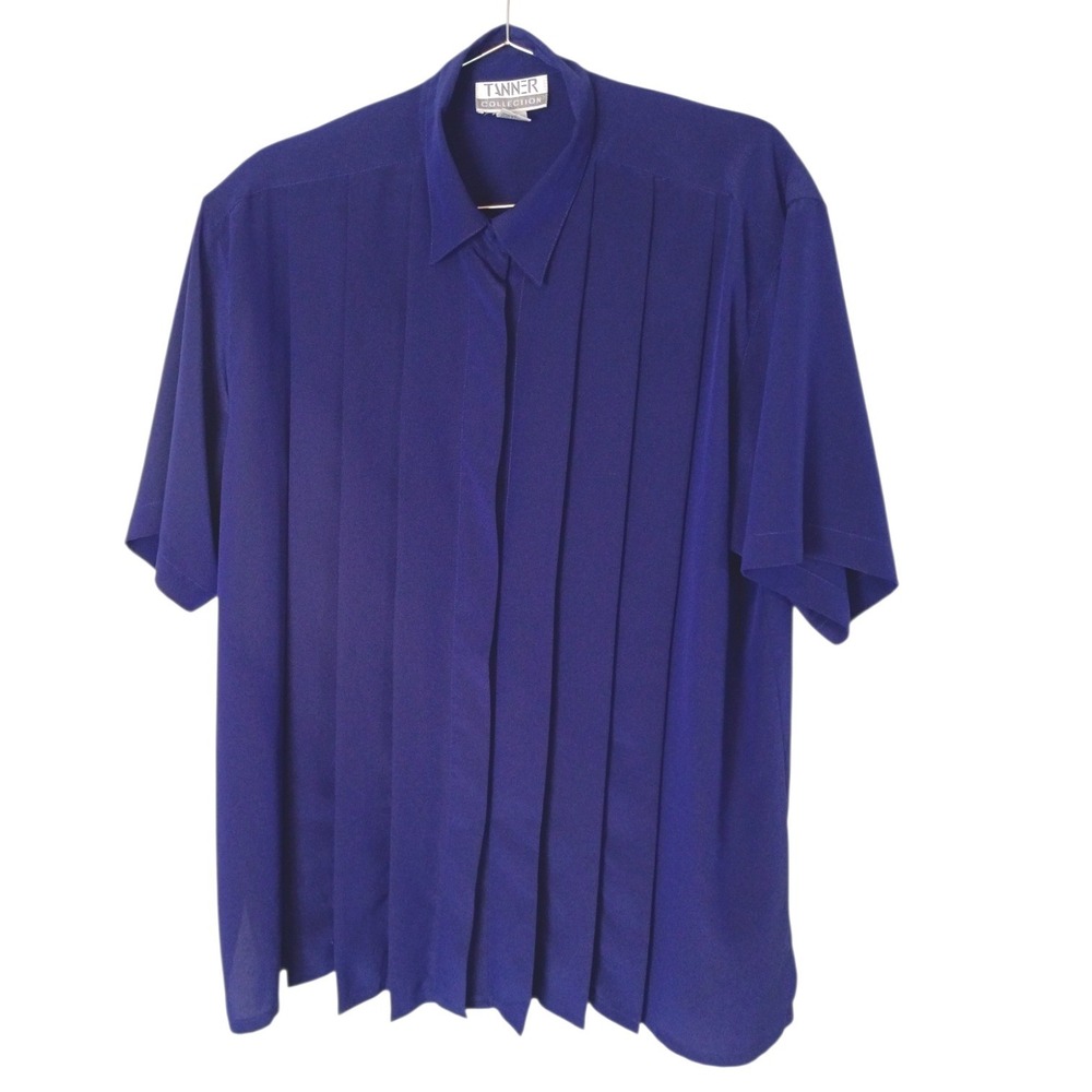 Vintage Tanner Collection Womens Royal Blue Pleated Short Sleeve Blouse Size 16